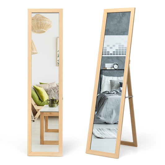 2 in 1 full-length mirror, standing mirror and wall mirror with wooden frame 37 x 155 cm natural