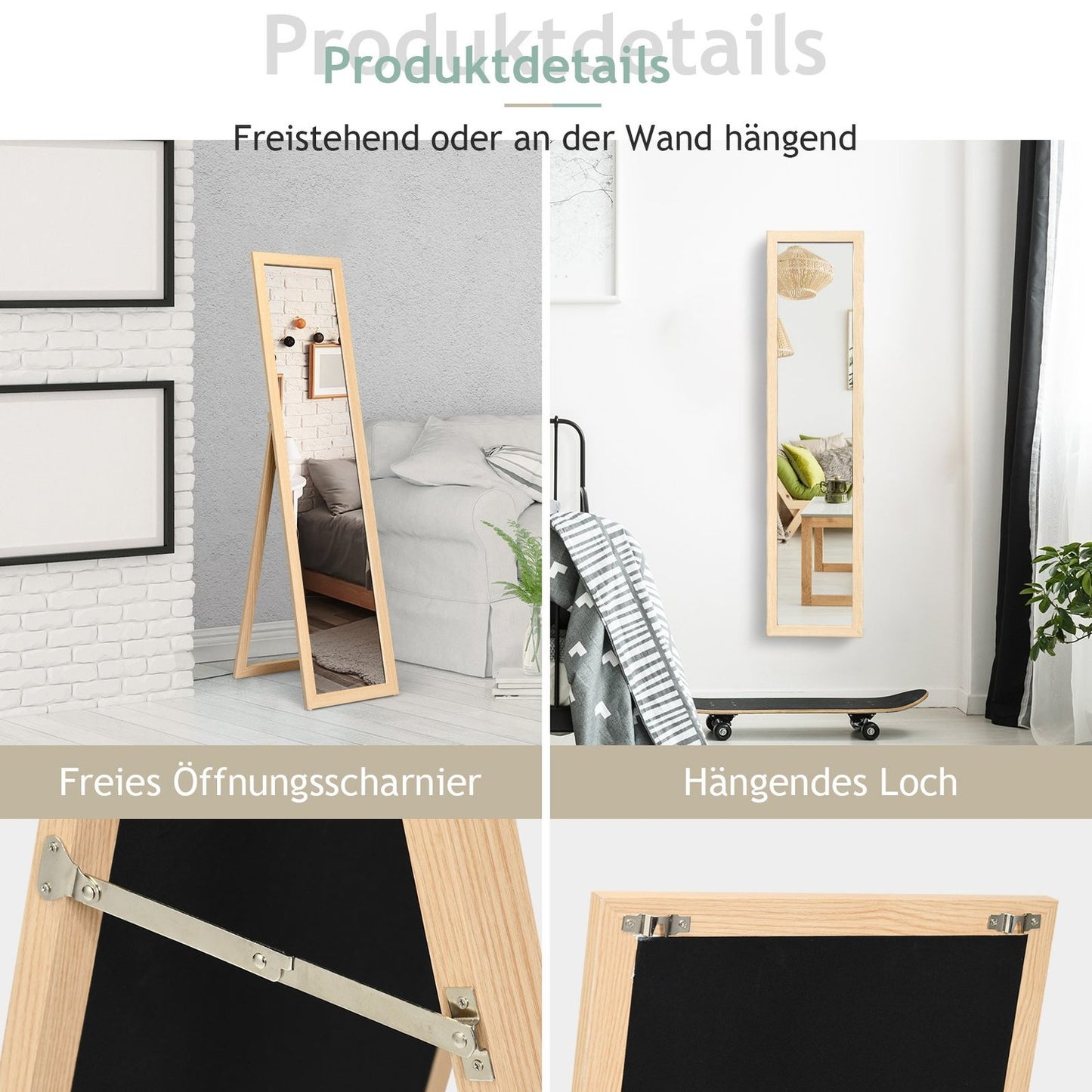 2 in 1 full-length mirror, standing mirror and wall mirror with wooden frame 37 x 155 cm natural