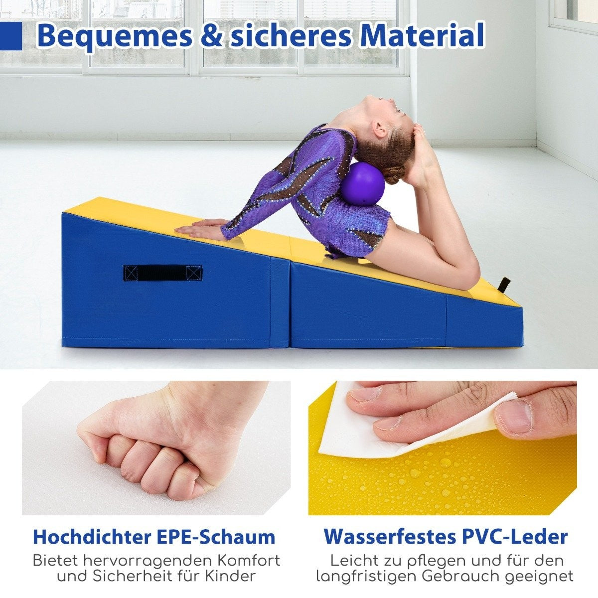 2 in 1 gymnastics mat with carrying handle, slanted gymnastics mat, wedge-shaped soft floor mat, yellow