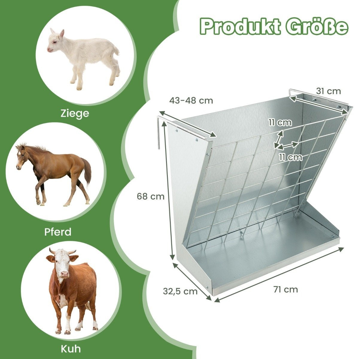 2 in 1 hay & grain drinker made of galvanized metal with adjustable distance & mesh net
