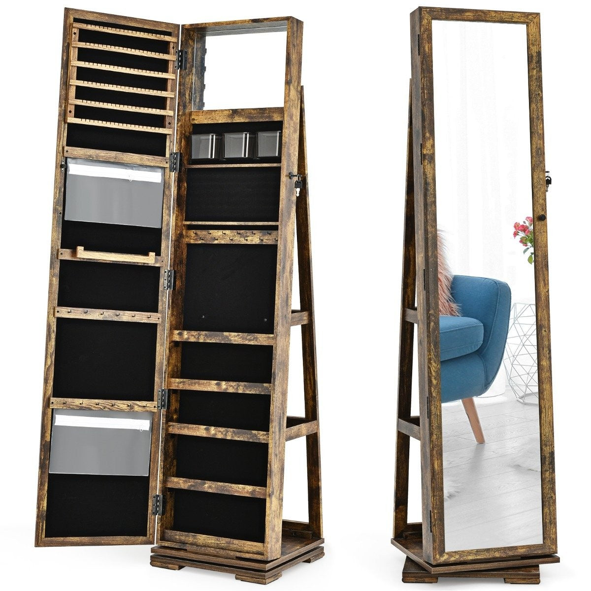 2 in 1 jewelry cabinet & ladder shelf with full-length mirror 39 x 39 x 161 cm brown