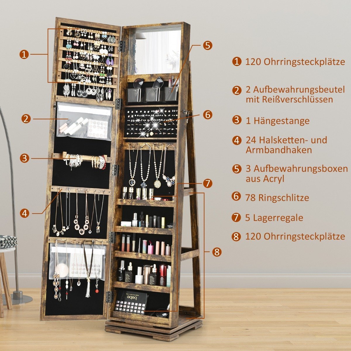 2 in 1 jewelry cabinet & ladder shelf with full-length mirror 39 x 39 x 161 cm brown