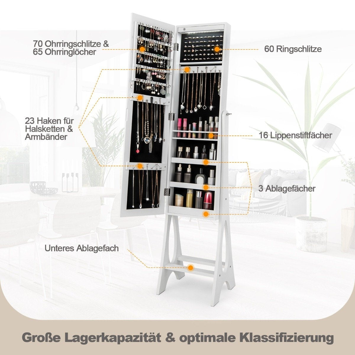 2 in 1 jewelry cabinet standing mirror with 12 LEDs Lockable mirror cabinet with full-length mirror white