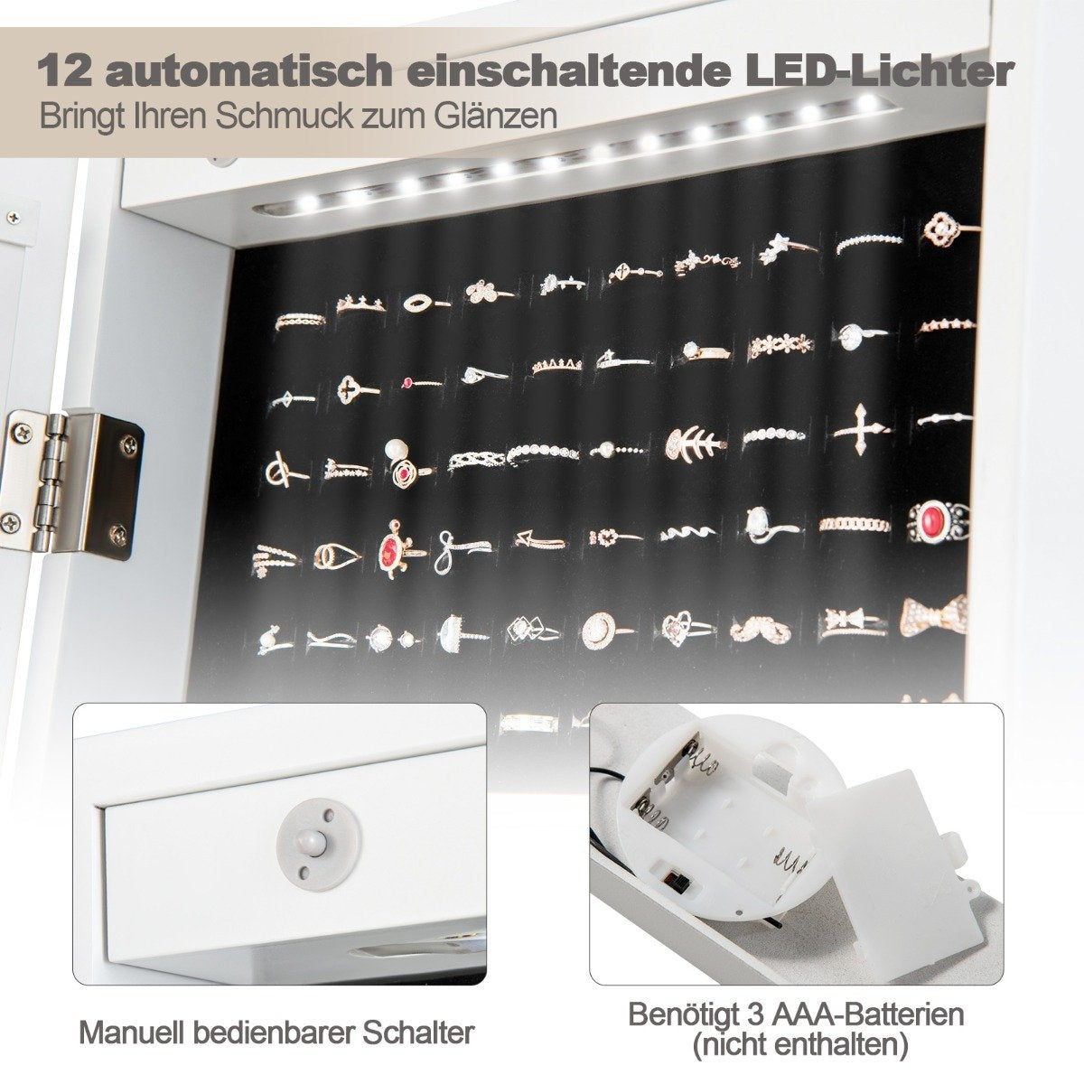 2 in 1 jewelry cabinet standing mirror with 12 LEDs Lockable mirror cabinet with full-length mirror white