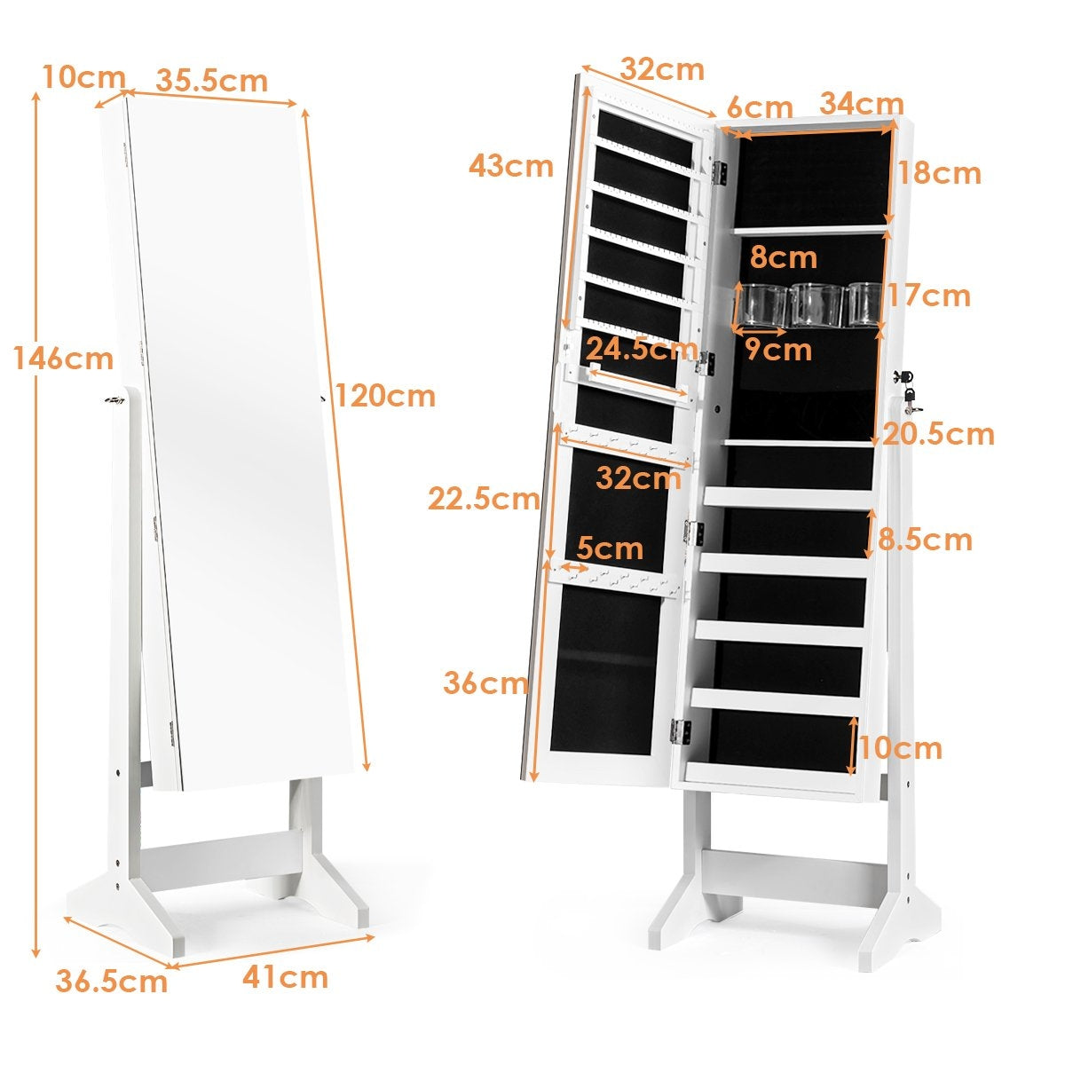 2 in 1 jewelry cabinet with mirror lockable jewelry organizer 41 x 36.5 x 146 cm white