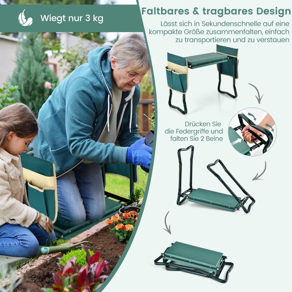 2 in 1 kneeler for gardening with 2 tool bags foldable 58 x 27.5 x 50 cm green