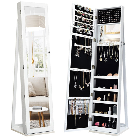 2-in-1 large and lockable jewelry cabinet with full-length mirror, free-standing jewelry stand, white