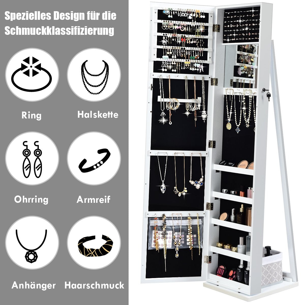 2-in-1 large and lockable jewelry cabinet with full-length mirror, free-standing jewelry stand, white