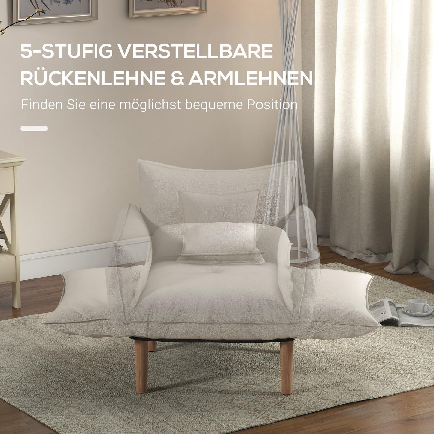 Lounge chair with cushions, adjustable and creamy microfiber
