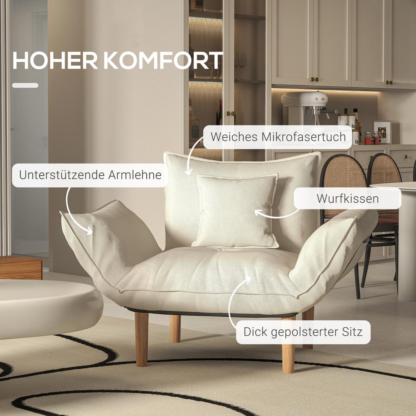 Lounge chair with cushions, adjustable and creamy microfiber