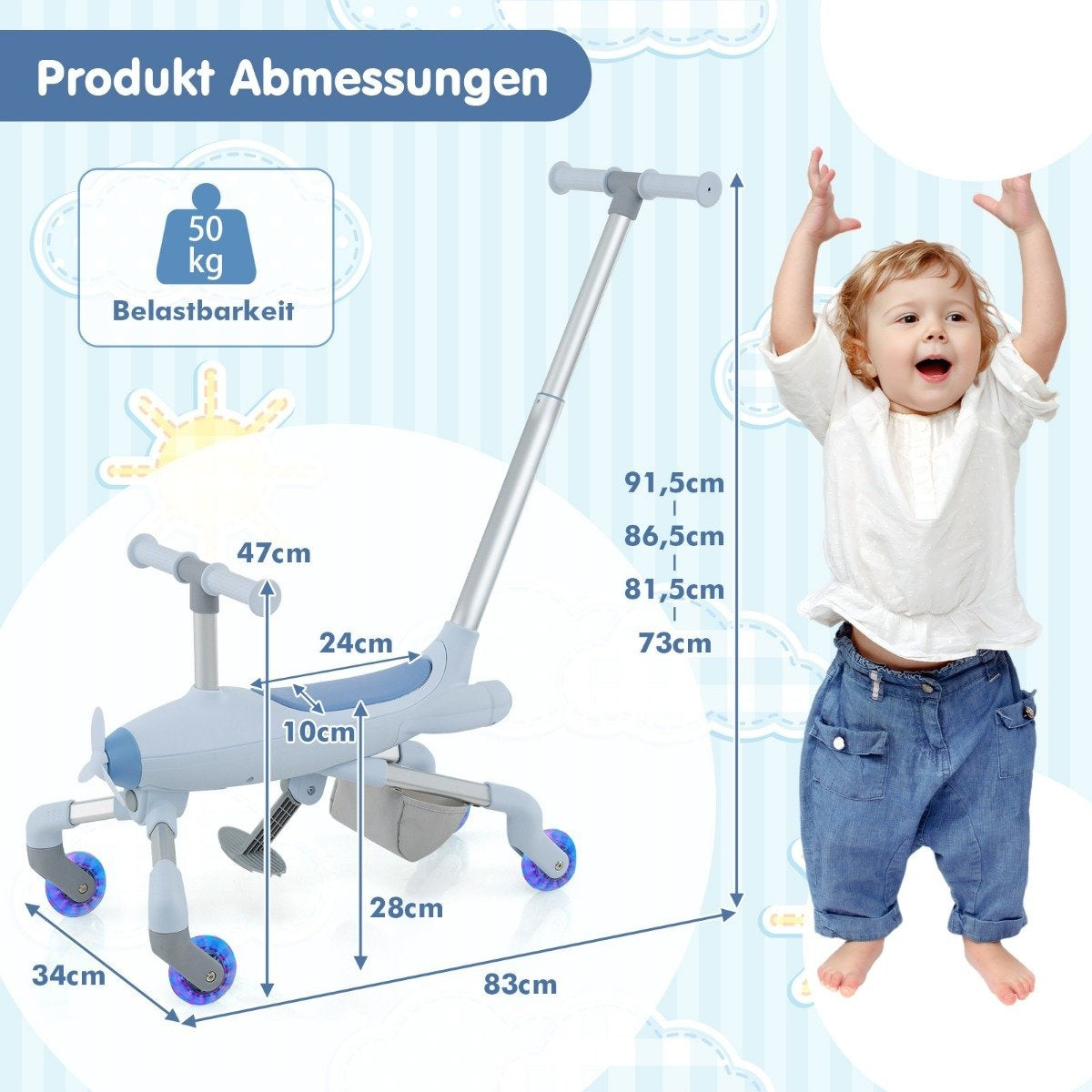 2-in-1 push car for children push car in airplane motif with LED illuminated wheels portable up to 50kg blue