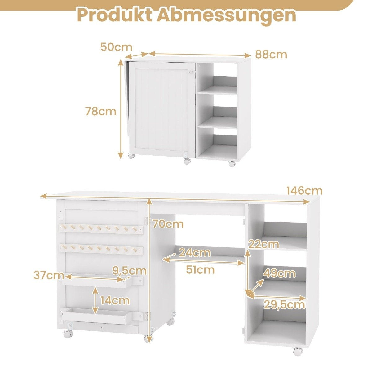 2 in 1 sewing table desk foldable multifunctional sewing machine station with shelves white