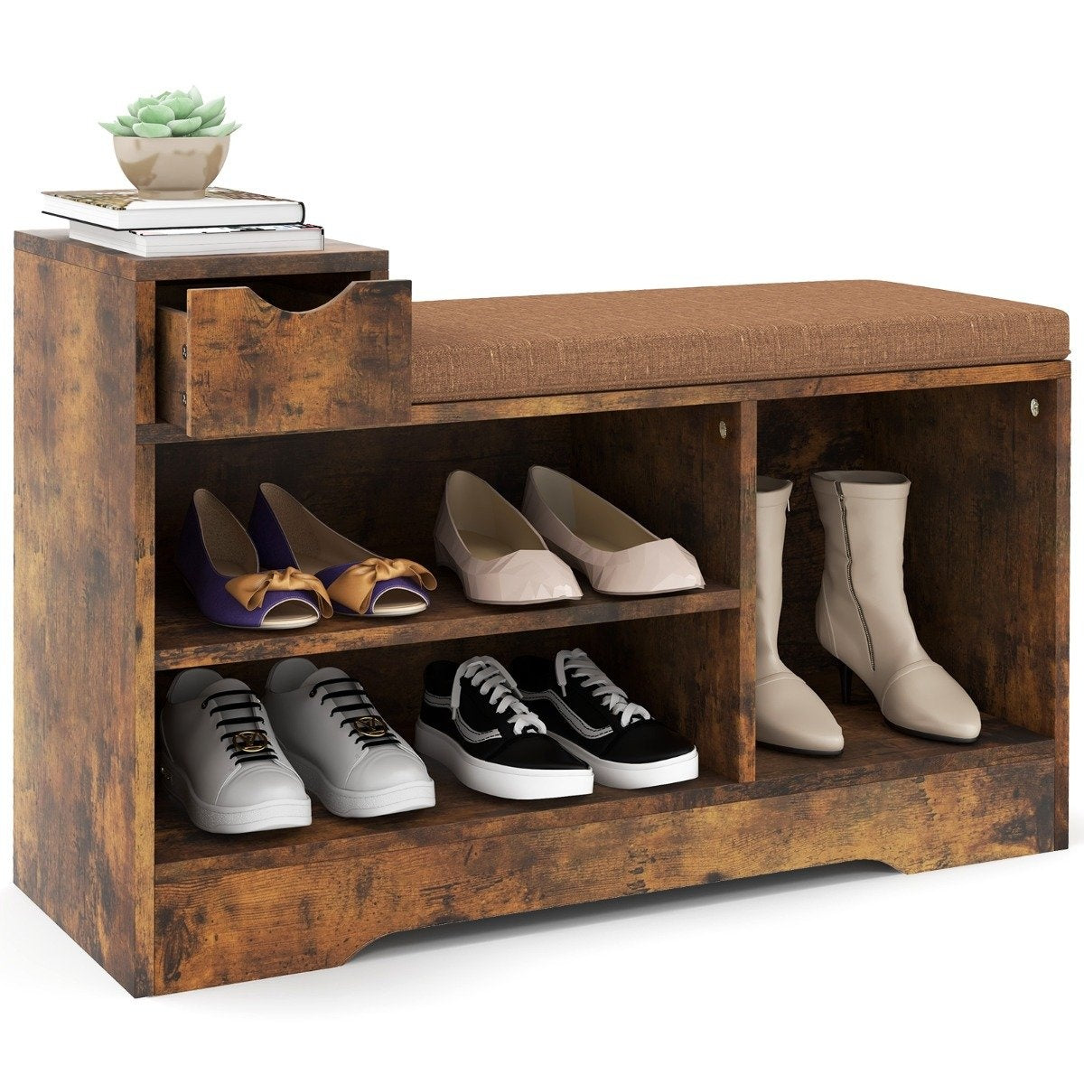 2 in 1 shoe rack & bench with drawer & 3 compartments & seat cushion shoe bench vintage