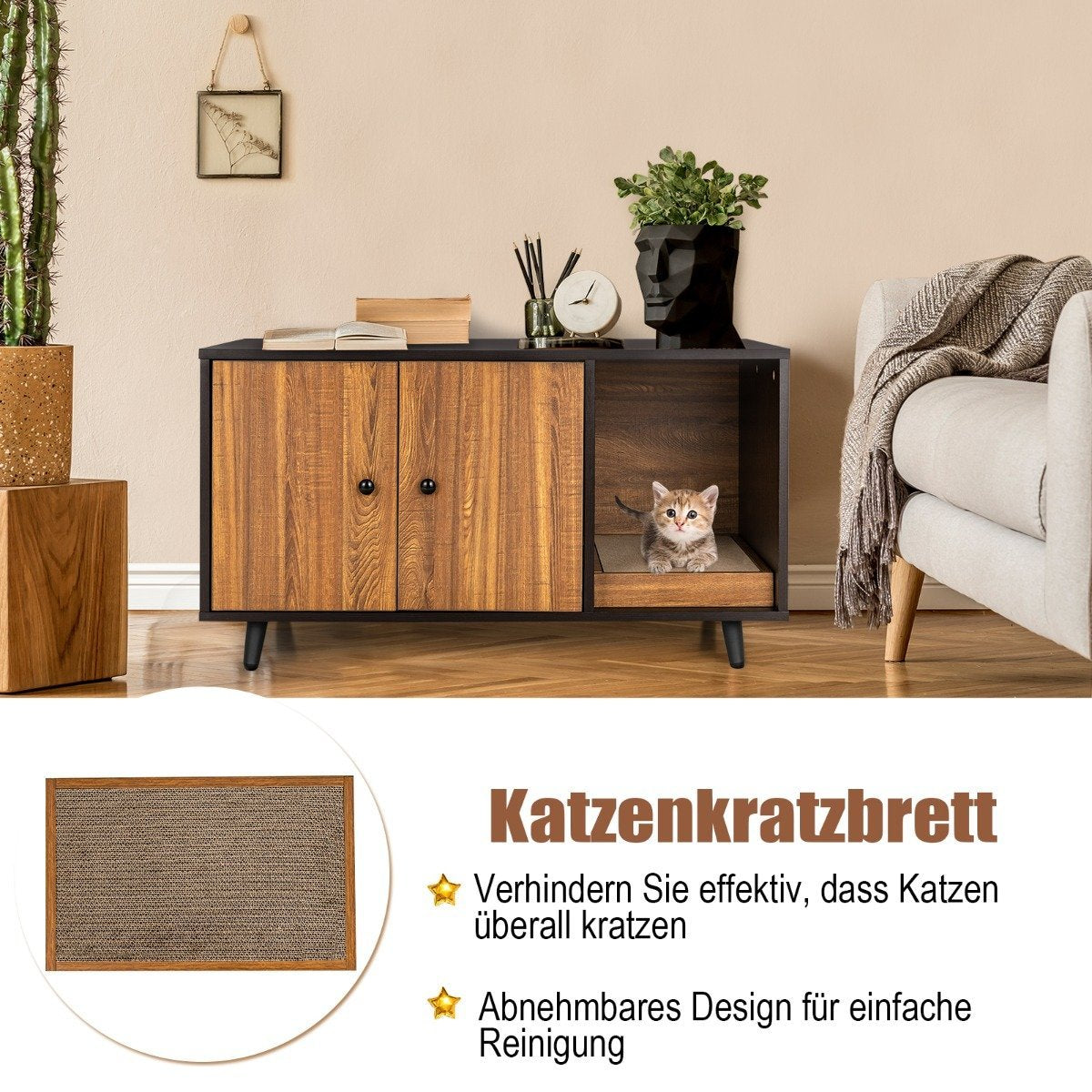 2 in 1 side table & cat cabinet with scratching board cat toilet 90 x 50 x 50 cm