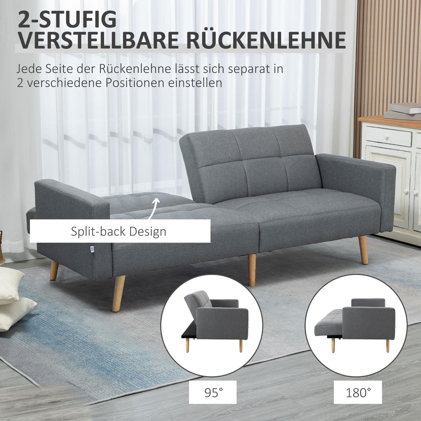 2 in 1 sofa bed 205 x 88 cm sofa with bed function, couch with seat cushion, linen look grey