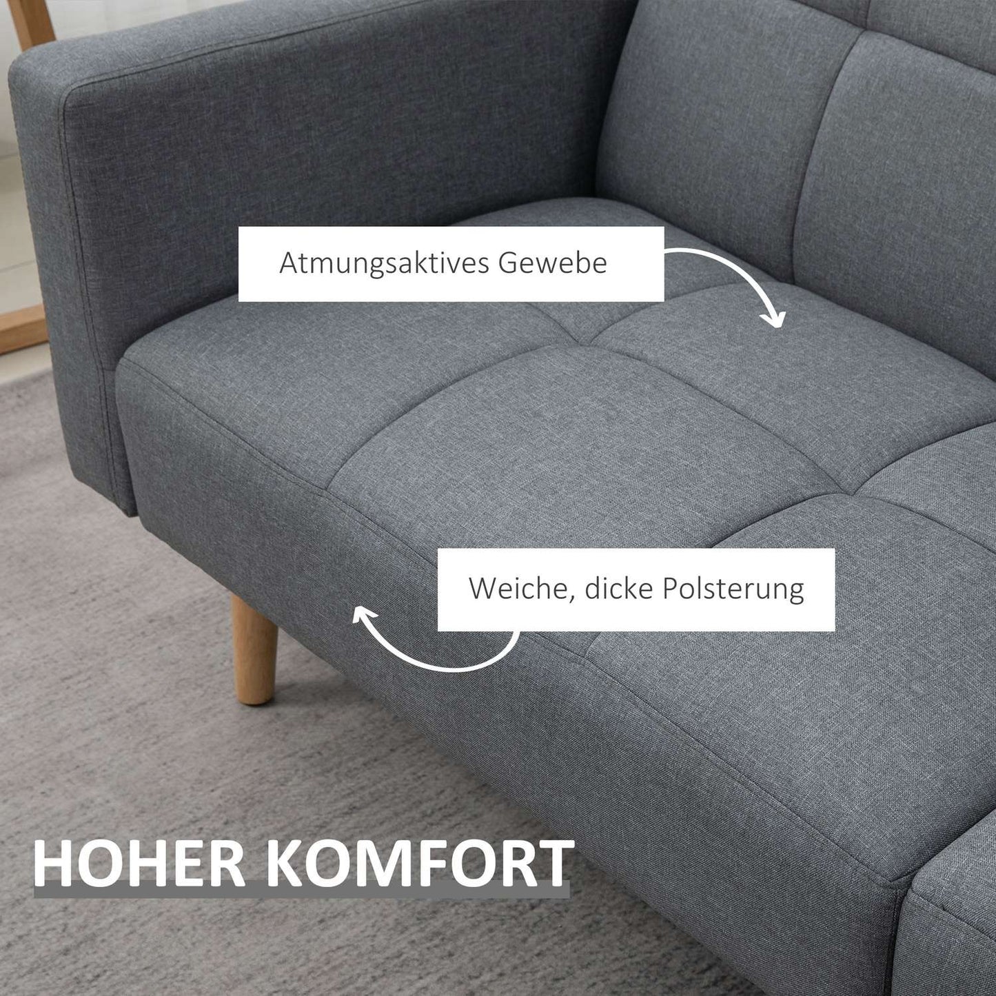 2 in 1 sofa bed 205 x 88 cm sofa with bed function, couch with seat cushion, linen look grey