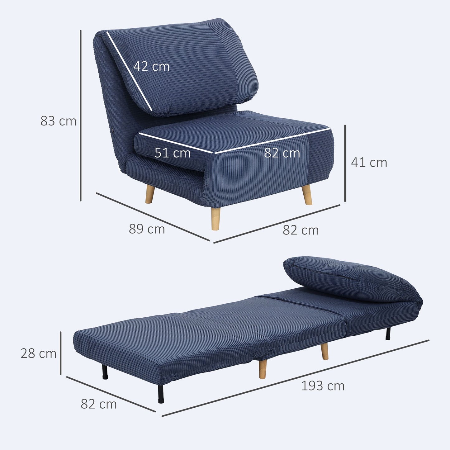 2-in-1 sofa bed, foldable mattress, blue corduroy, 82x89x83 cm