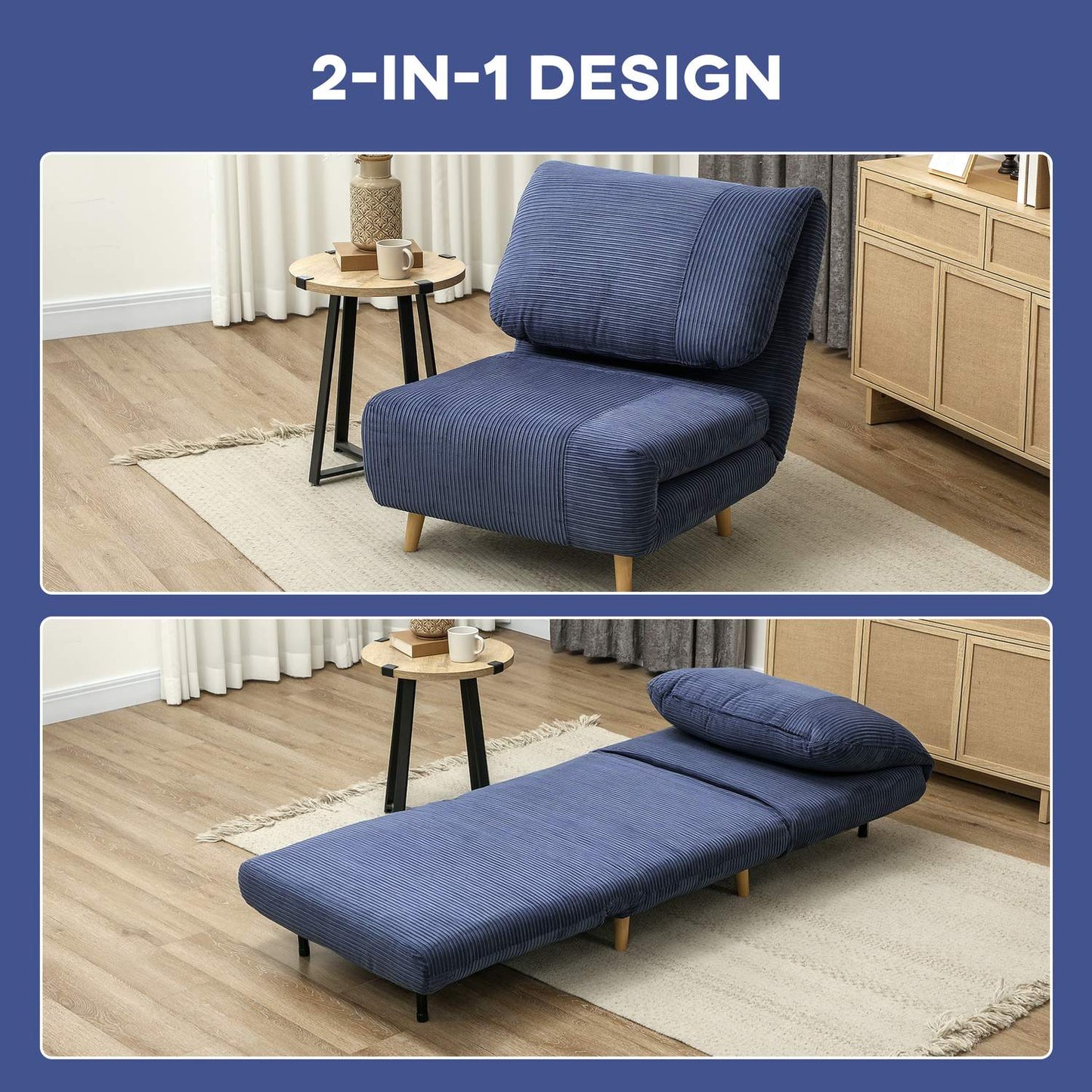 2-in-1 sofa bed, foldable mattress, blue corduroy, 82x89x83 cm