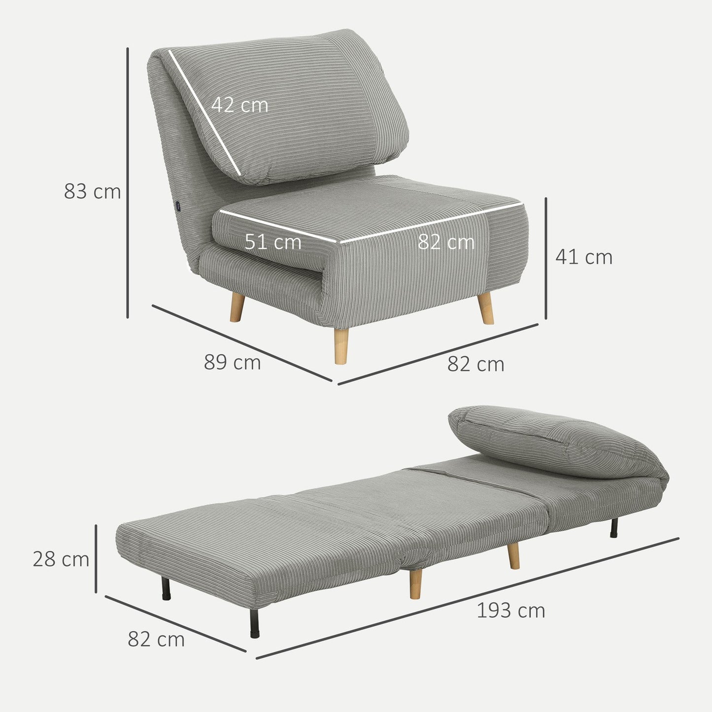 Adjustable folding sofa bed - Corduroy Look, Grey, 82x89x83 cm