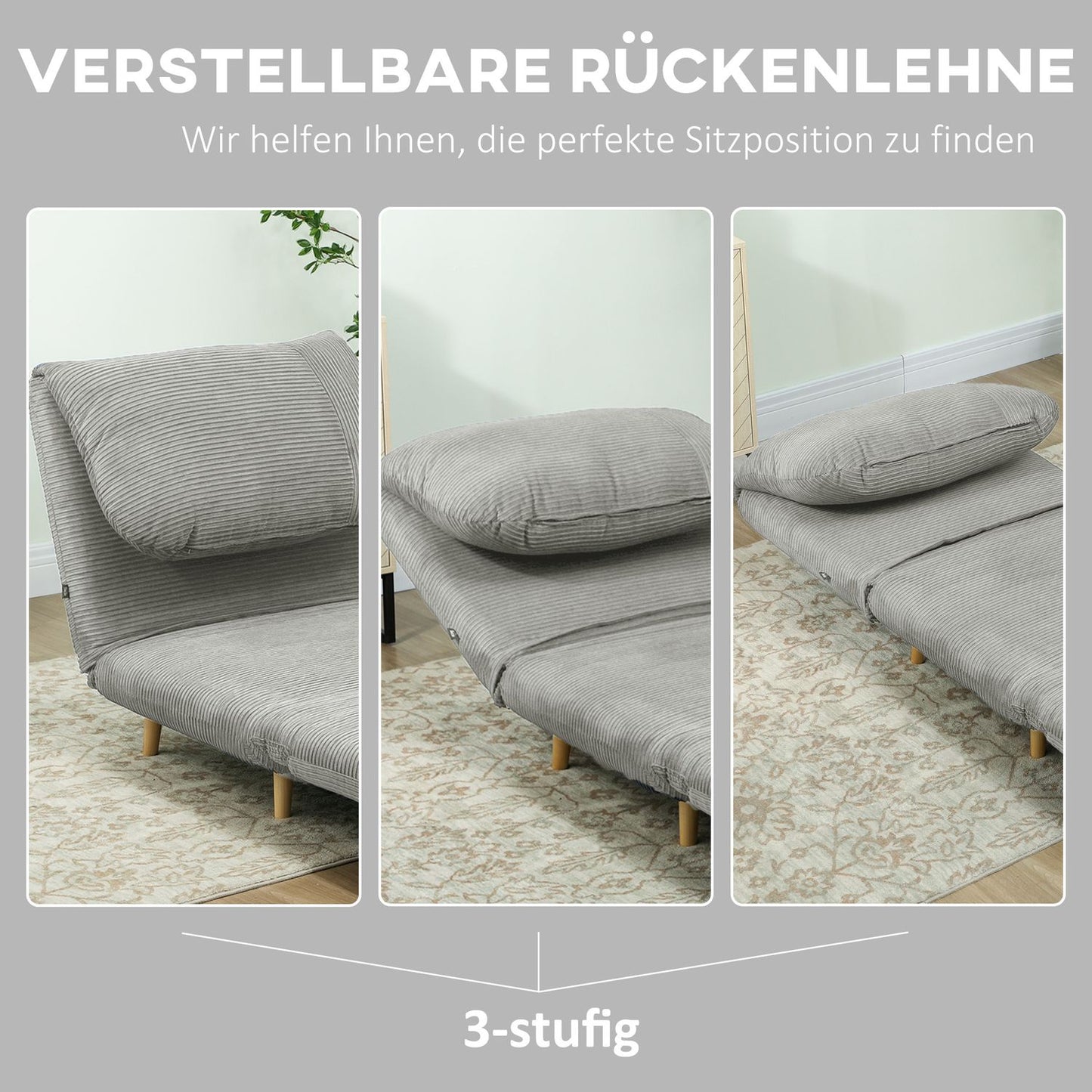 Adjustable folding sofa bed - Corduroy Look, Grey, 82x89x83 cm