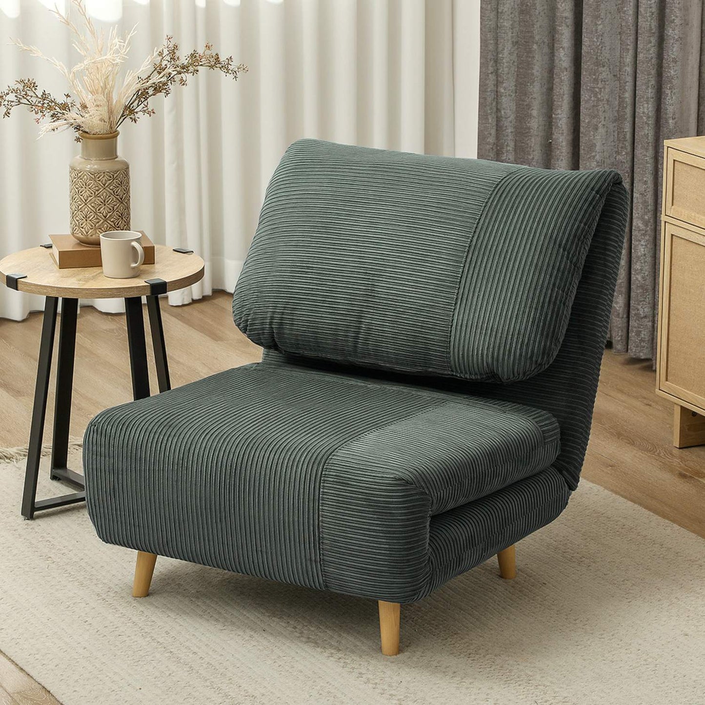 Green adjustable corduroy folding sofa bed - 82 x 89 x 83 cm