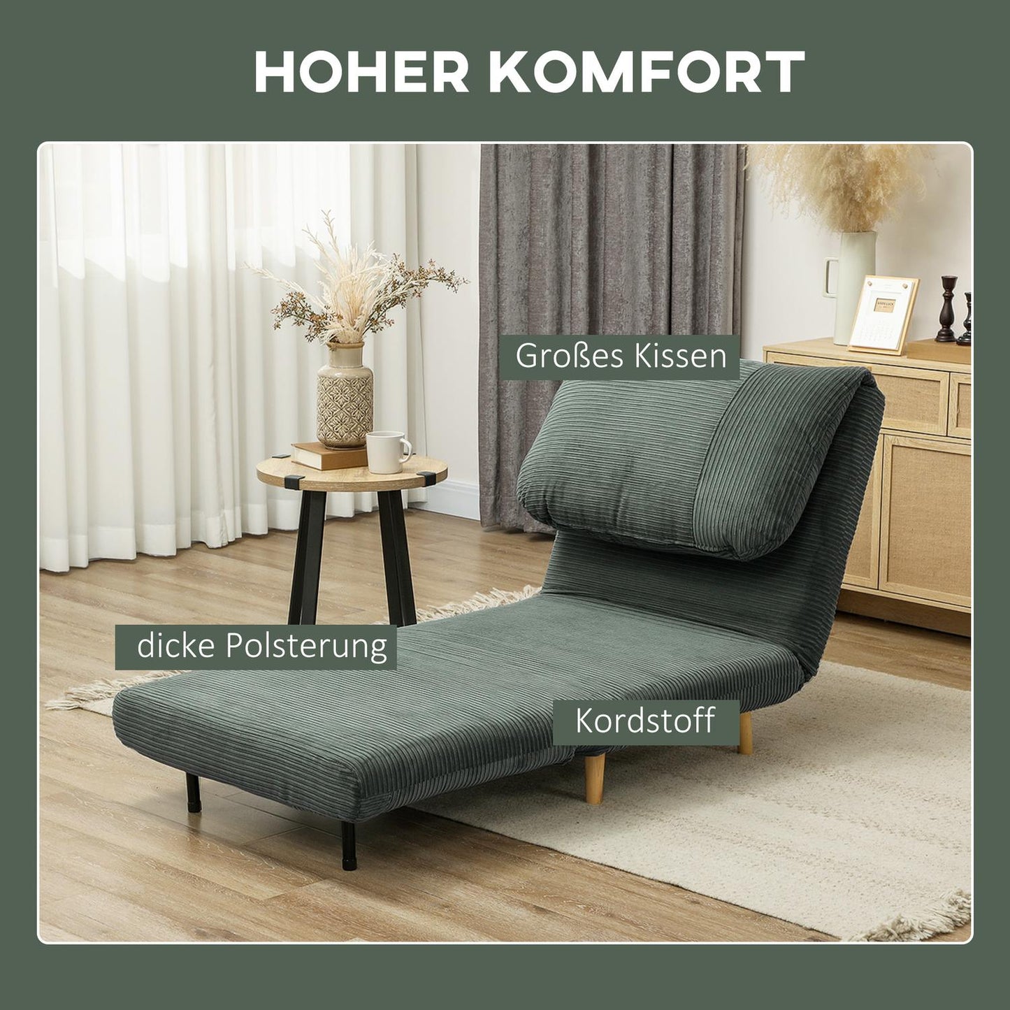 Green adjustable corduroy folding sofa bed - 82 x 89 x 83 cm