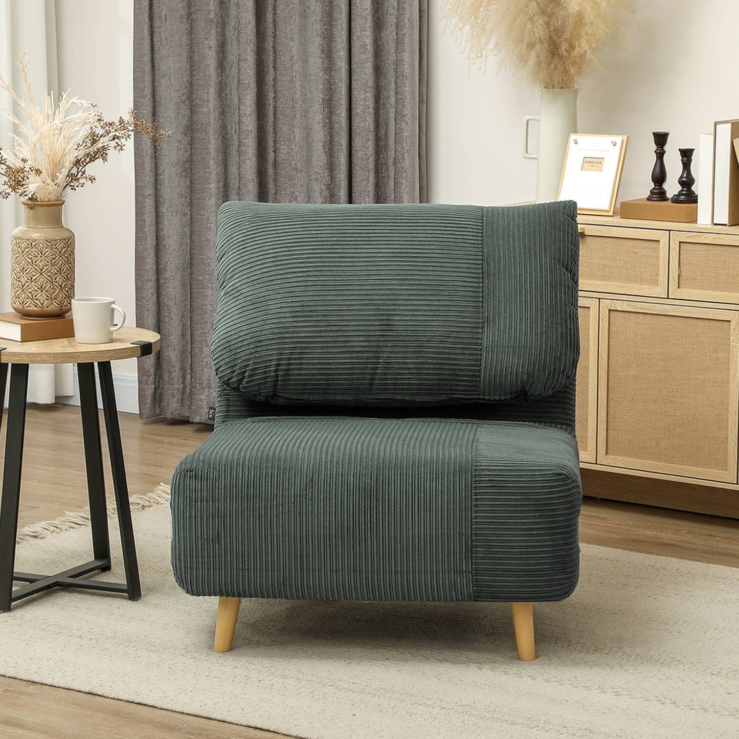 Green adjustable corduroy folding sofa bed - 82 x 89 x 83 cm