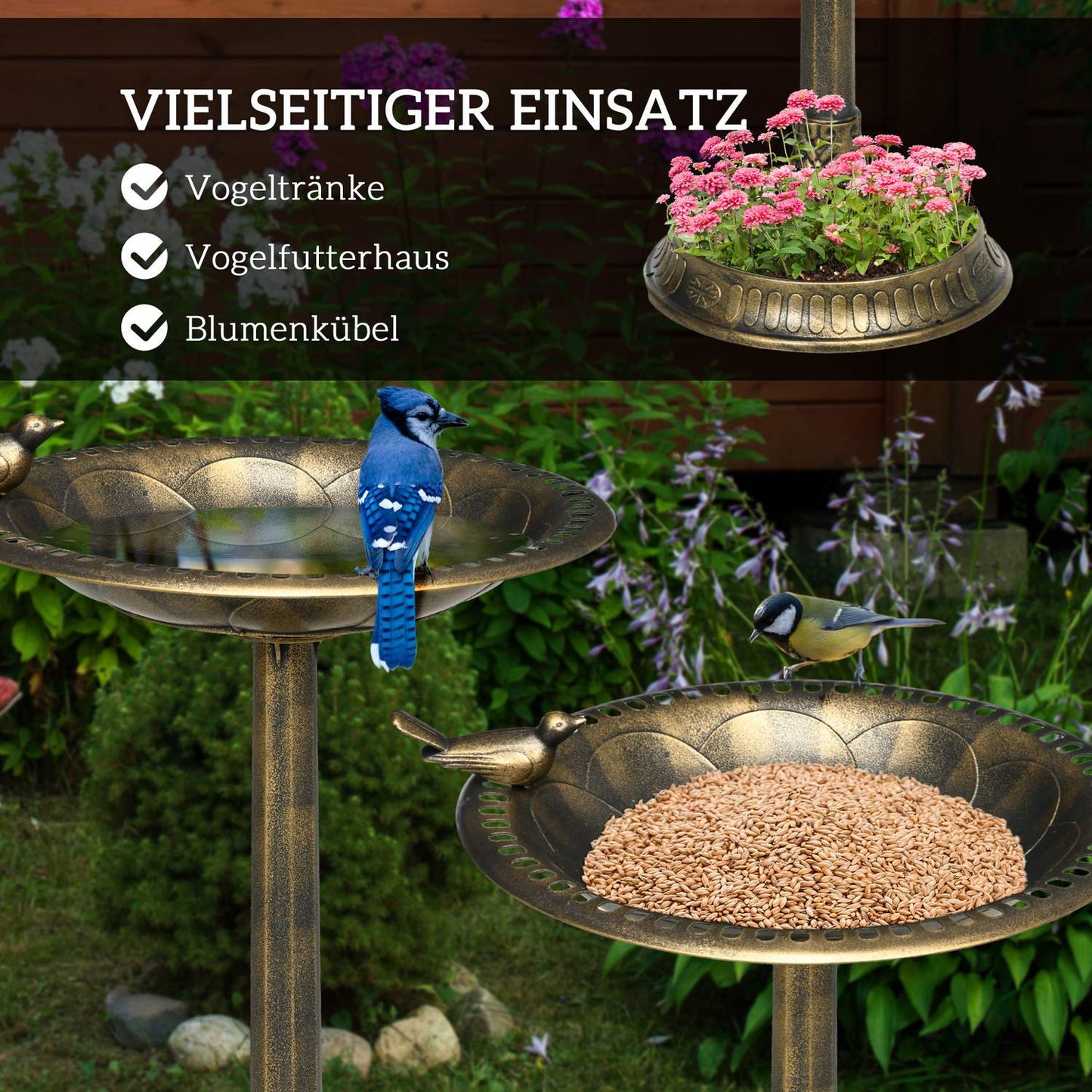 2-in-1 frost-proof plastic bird bath, 50x50x72 cm, bronze