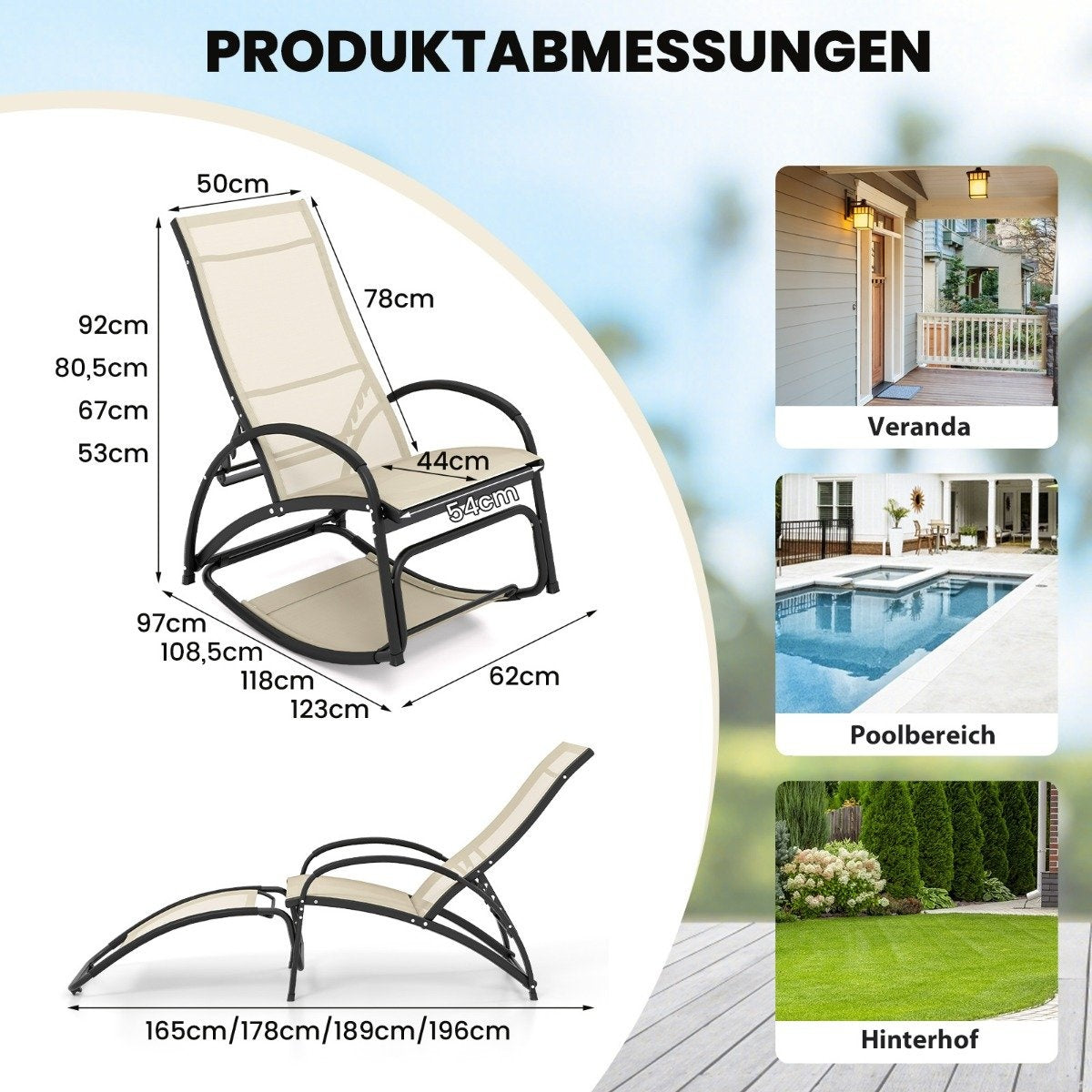 2 in 1 sun lounger convertible rocking chair with adjustable backrest and curved armrests beige