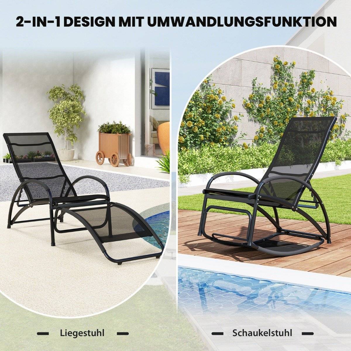2 in 1 sun lounger convertible rocking chair with backrest and curved armrests gray