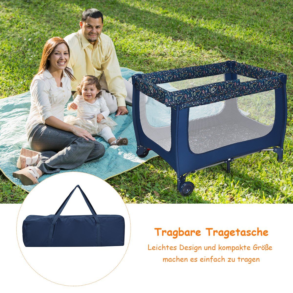 2 in 1 travel cot & playpen foldable children's bed 125 x 65 x 76 cm blue