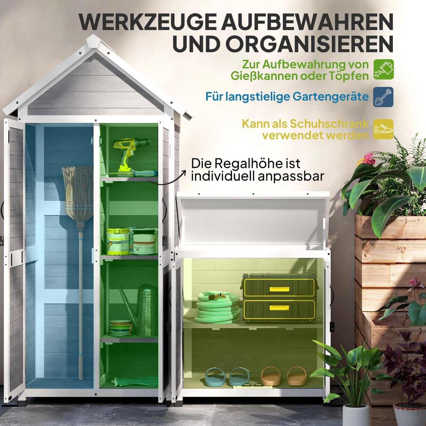 2-in-1 wooden tool shed, lockable, weatherproof, 89x51x182cm
