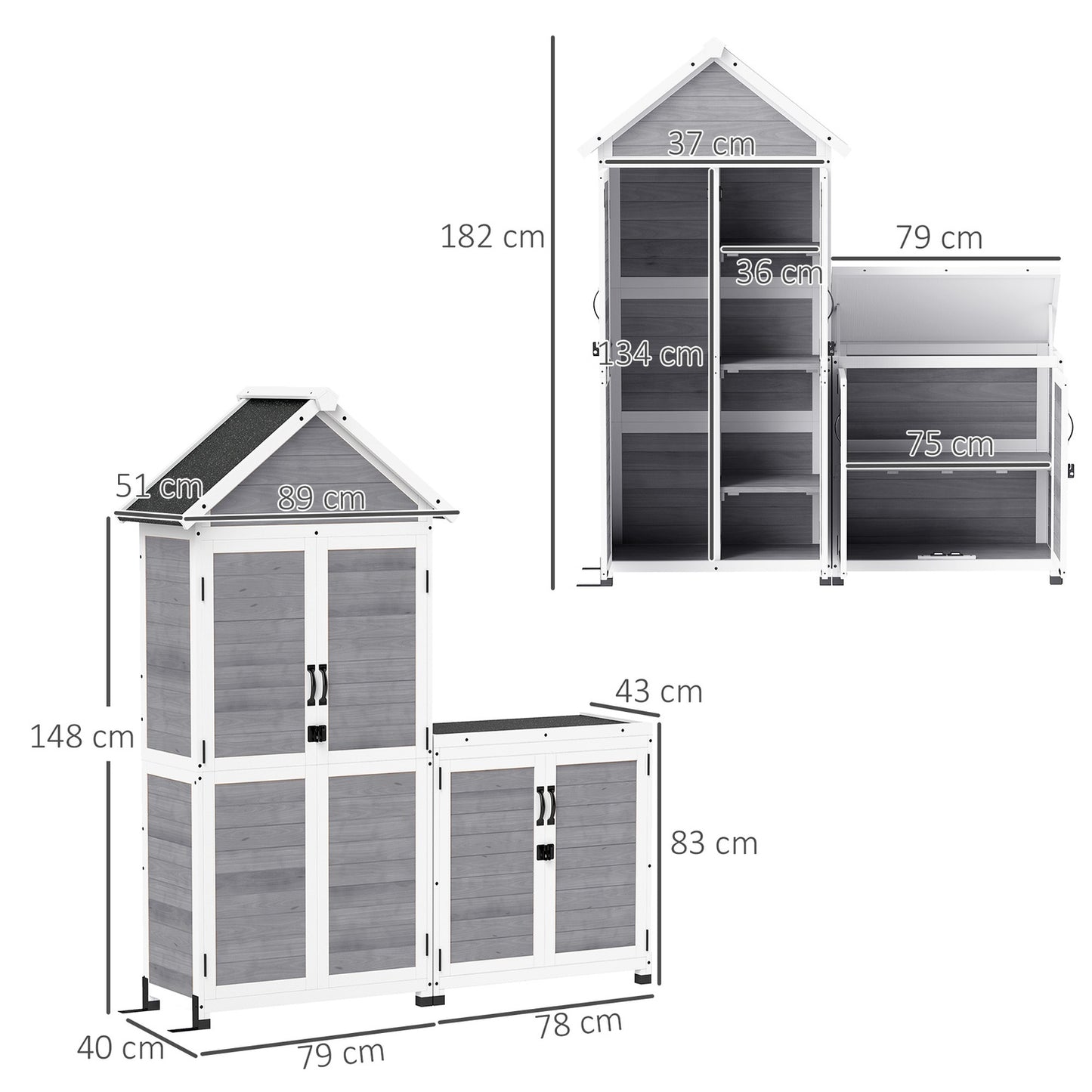 2-in-1 wooden tool shed, lockable, weatherproof, 89x51x182cm
