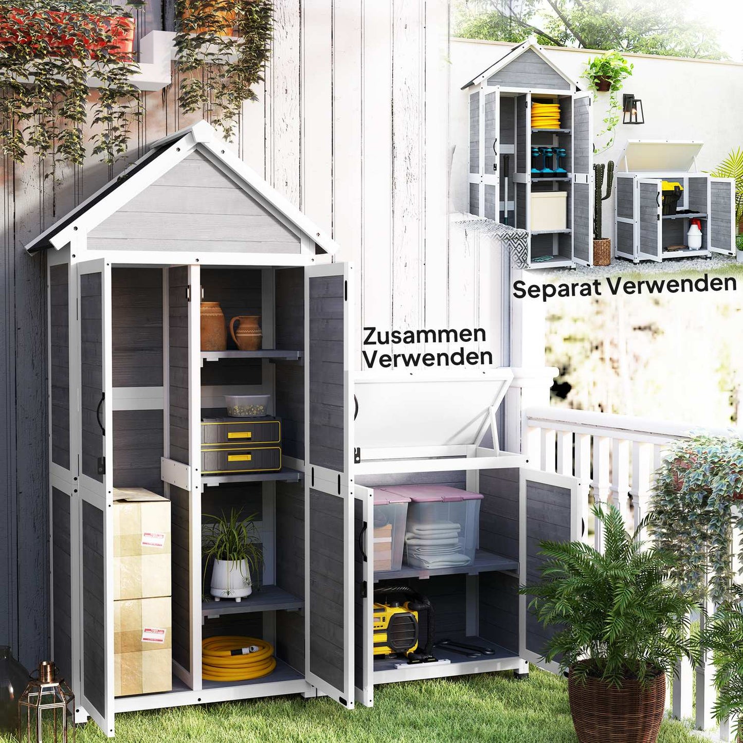 2-in-1 wooden tool shed, lockable, weatherproof, 89x51x182cm