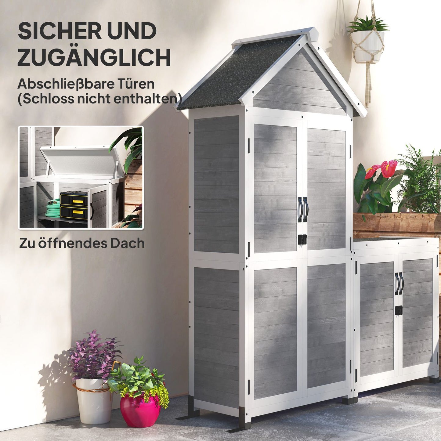 2-in-1 wooden tool shed, lockable, weatherproof, 89x51x182cm