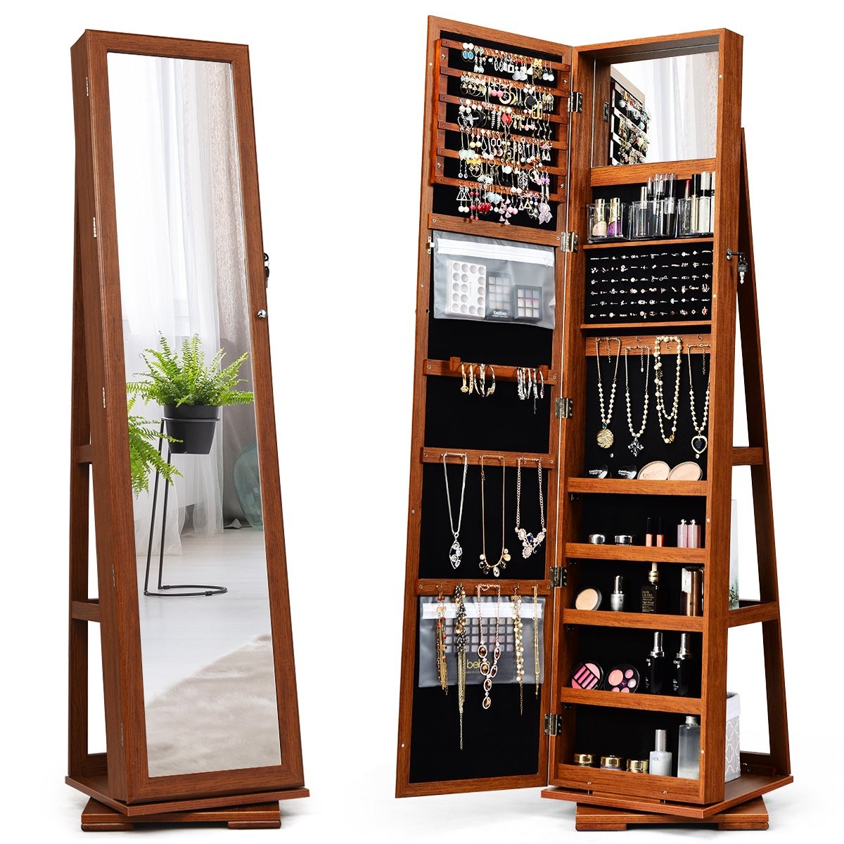 2 in 1 wooden jewelry cabinet & ladder shelf with full-length mirror 39 x 39 x 161 cm brown