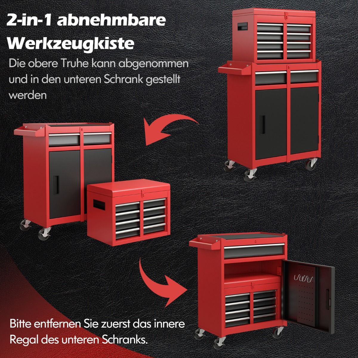 2 in 1 workshop trolley with case & 8 compartments & hooks & adjustable shelf 100 kg load capacity