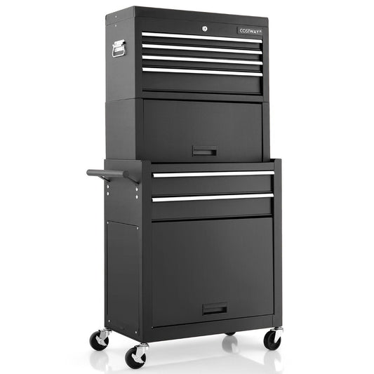 2 in 1 workshop trolley with case & 9 compartments & hooks Lockable tool trolley on wheels Black