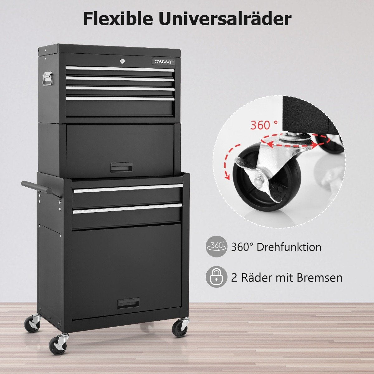 2 in 1 workshop trolley with case & 9 compartments & hooks Lockable tool trolley on wheels Black