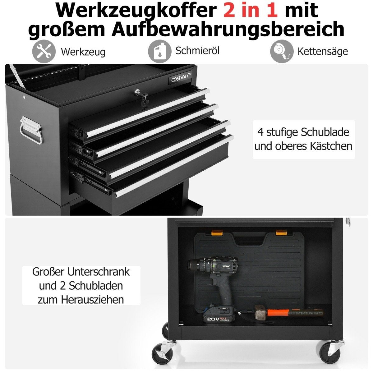 2 in 1 workshop trolley with case & 9 compartments & hooks Lockable tool trolley on wheels Black