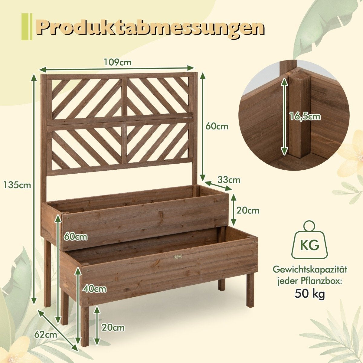 2-layer garden bed with trellis, wooden raised plant box with legs, drainage hole, plant container, brown
