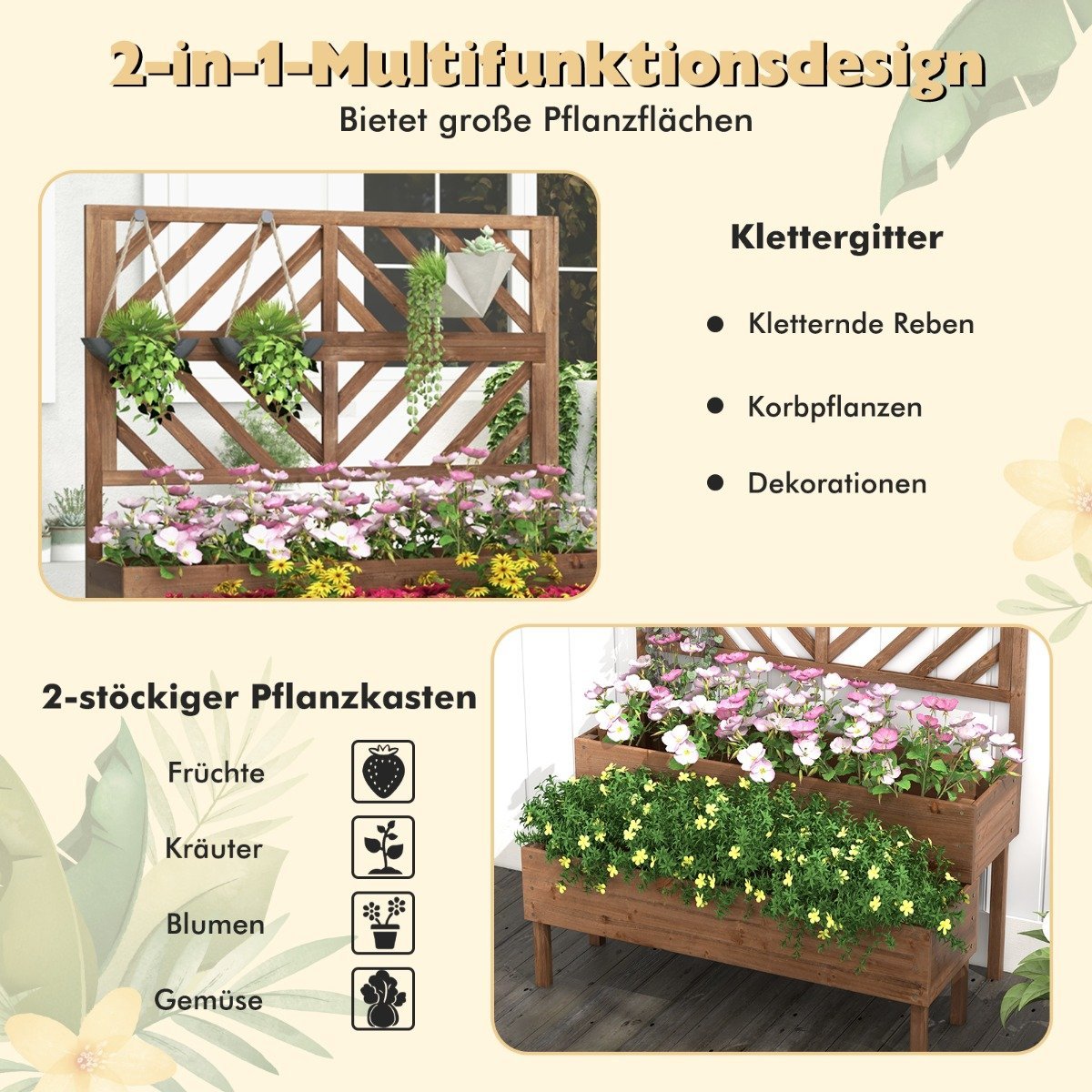 2-layer garden bed with trellis, wooden raised plant box with legs, drainage hole, plant container, brown
