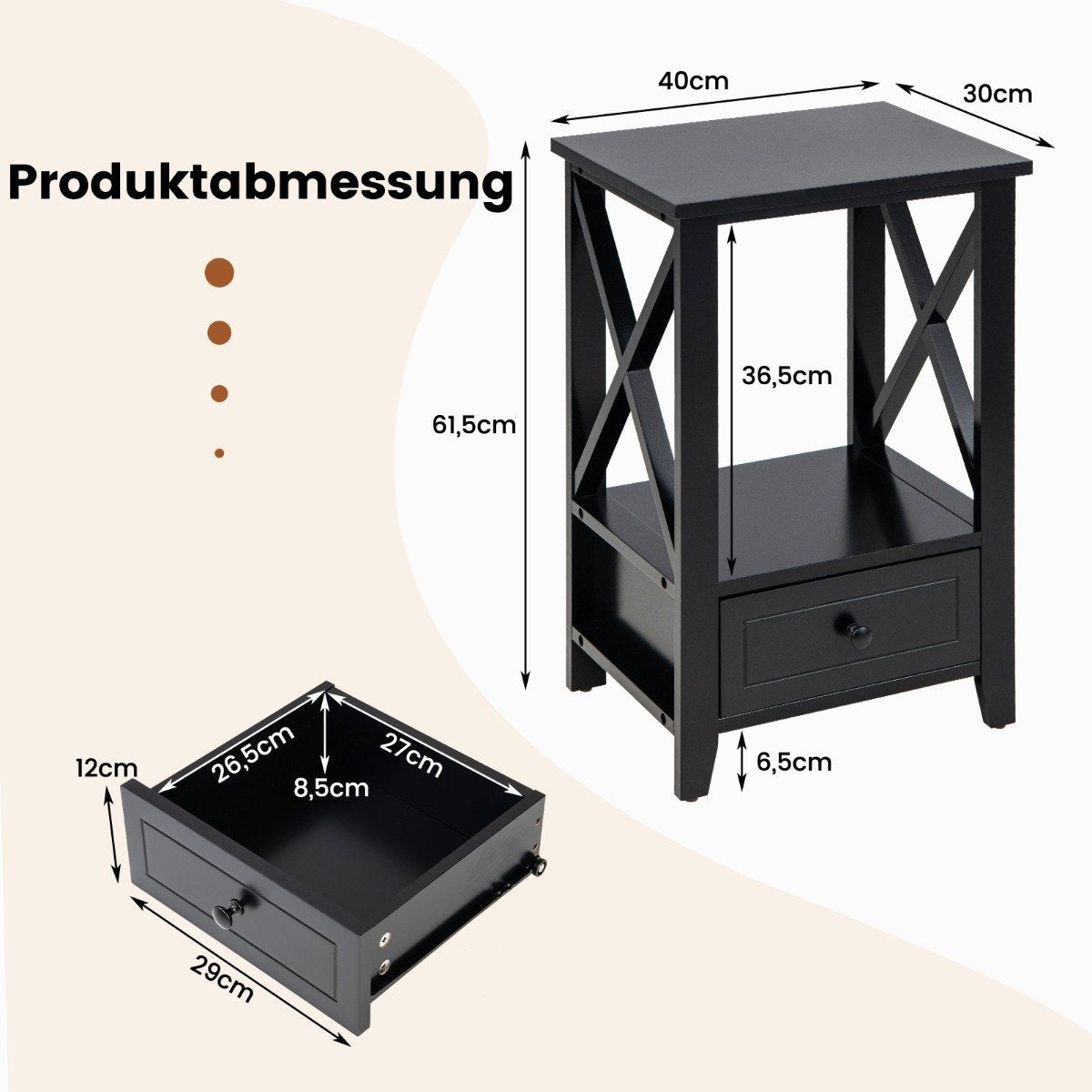 2 level bedside table with drawer side table wood 40 x 30 x 61.5cm black