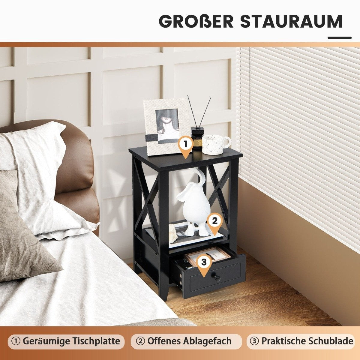 2 level bedside table with drawer side table wood 40 x 30 x 61.5cm black