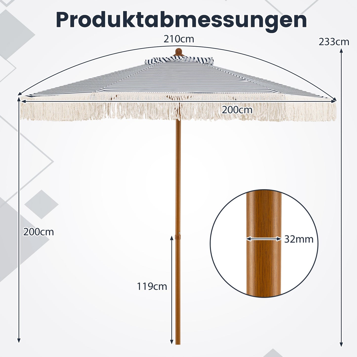 2m Blue Patio Umbrella with Fringe and Metal Pole