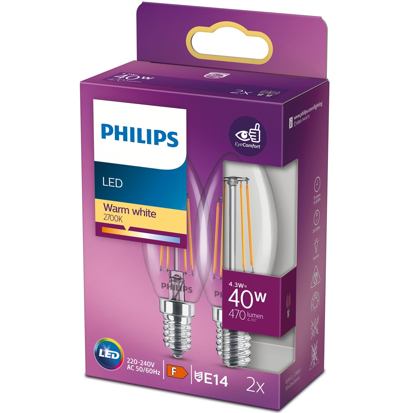 2-pack LED E14 Crown 4.3W (40W) Clear 470lm