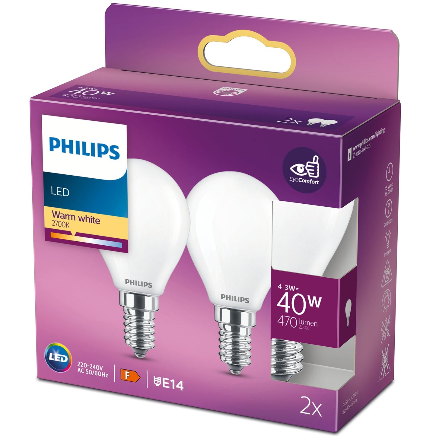 2-pack LED E14 Globe 4.3W (40W) Frost 470lm
