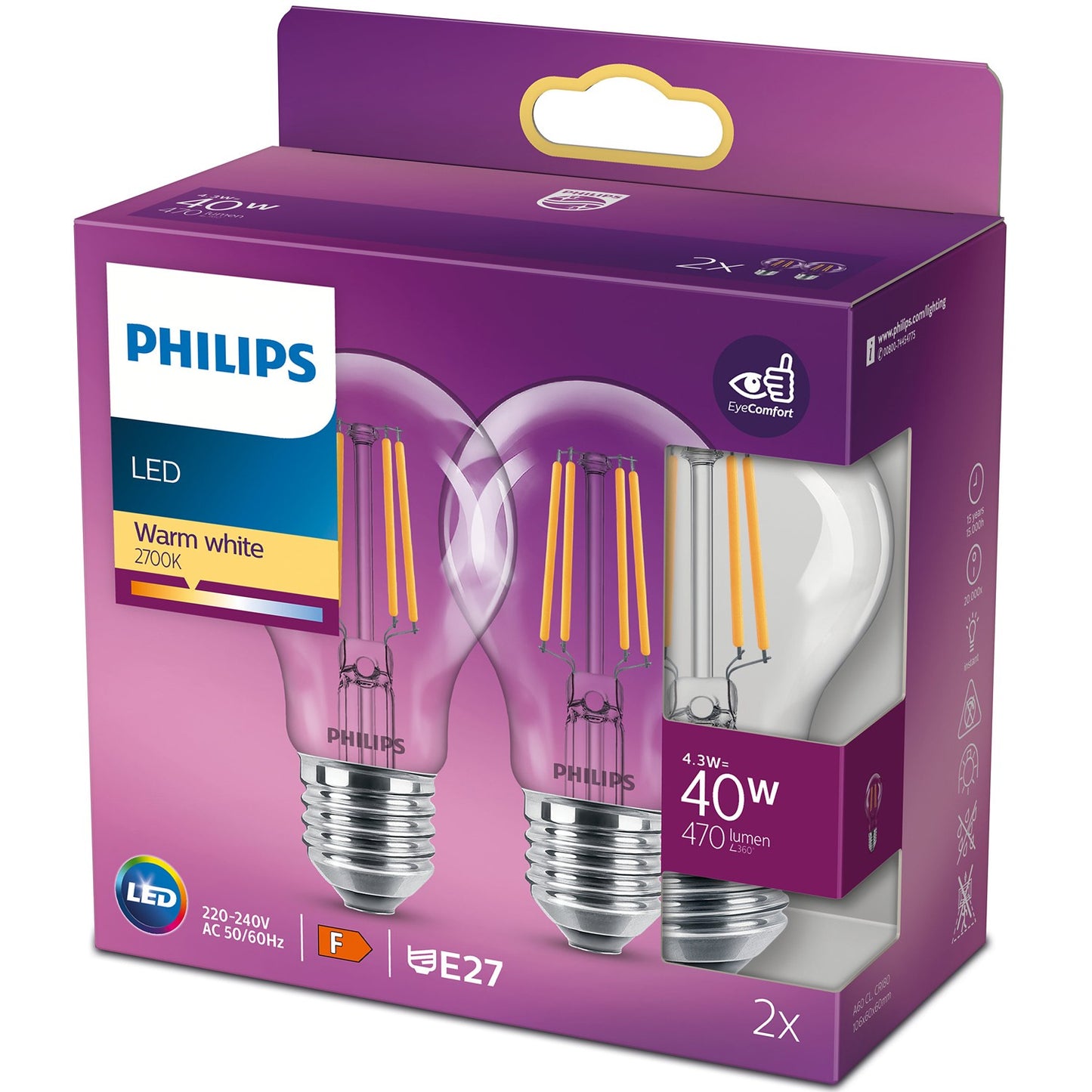 2-pack LED E27 Normal 4.3W (40W) Clear 470lm