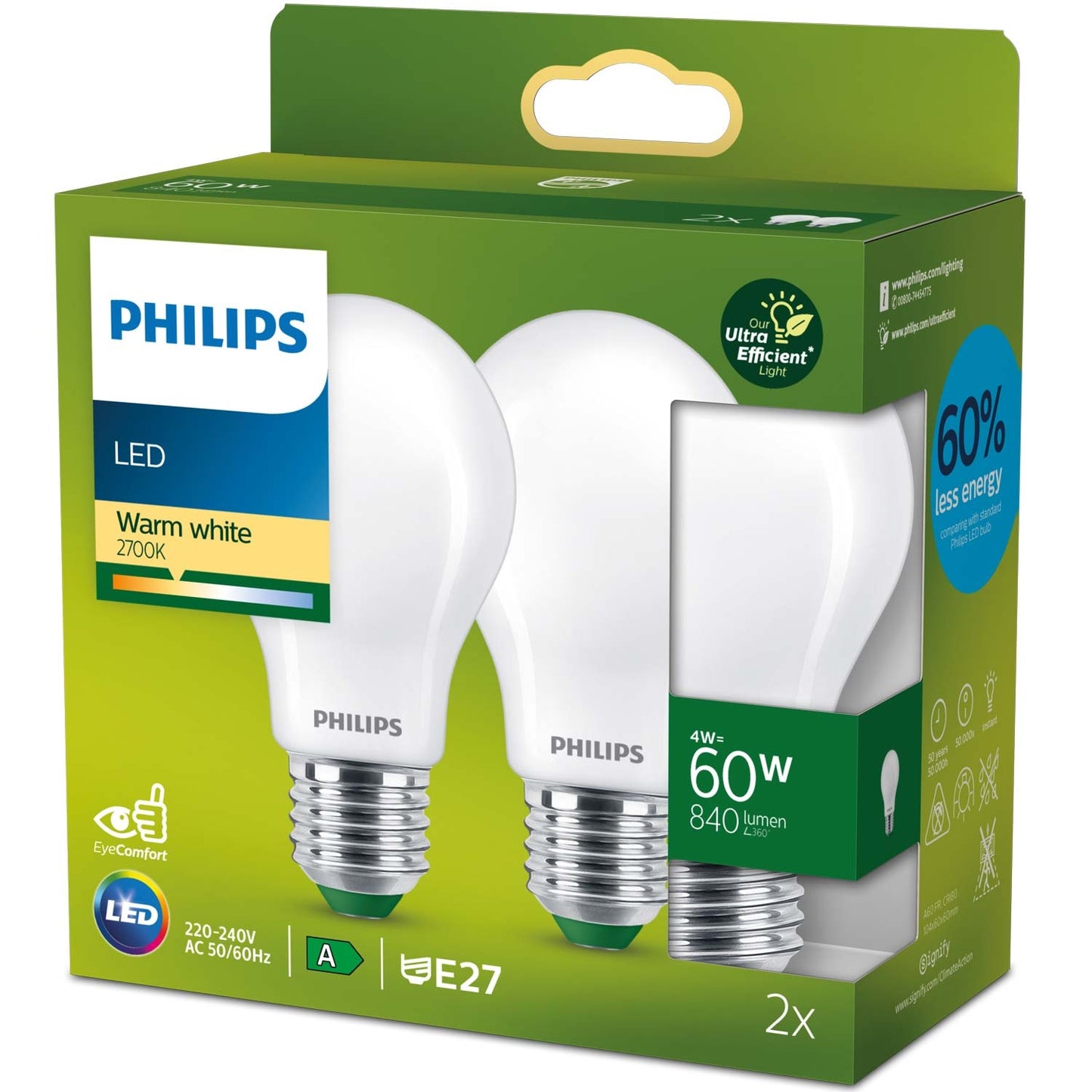 2-pack LED E27 Normal 4W (60W) Frosted 840lm 2700K Energy class A