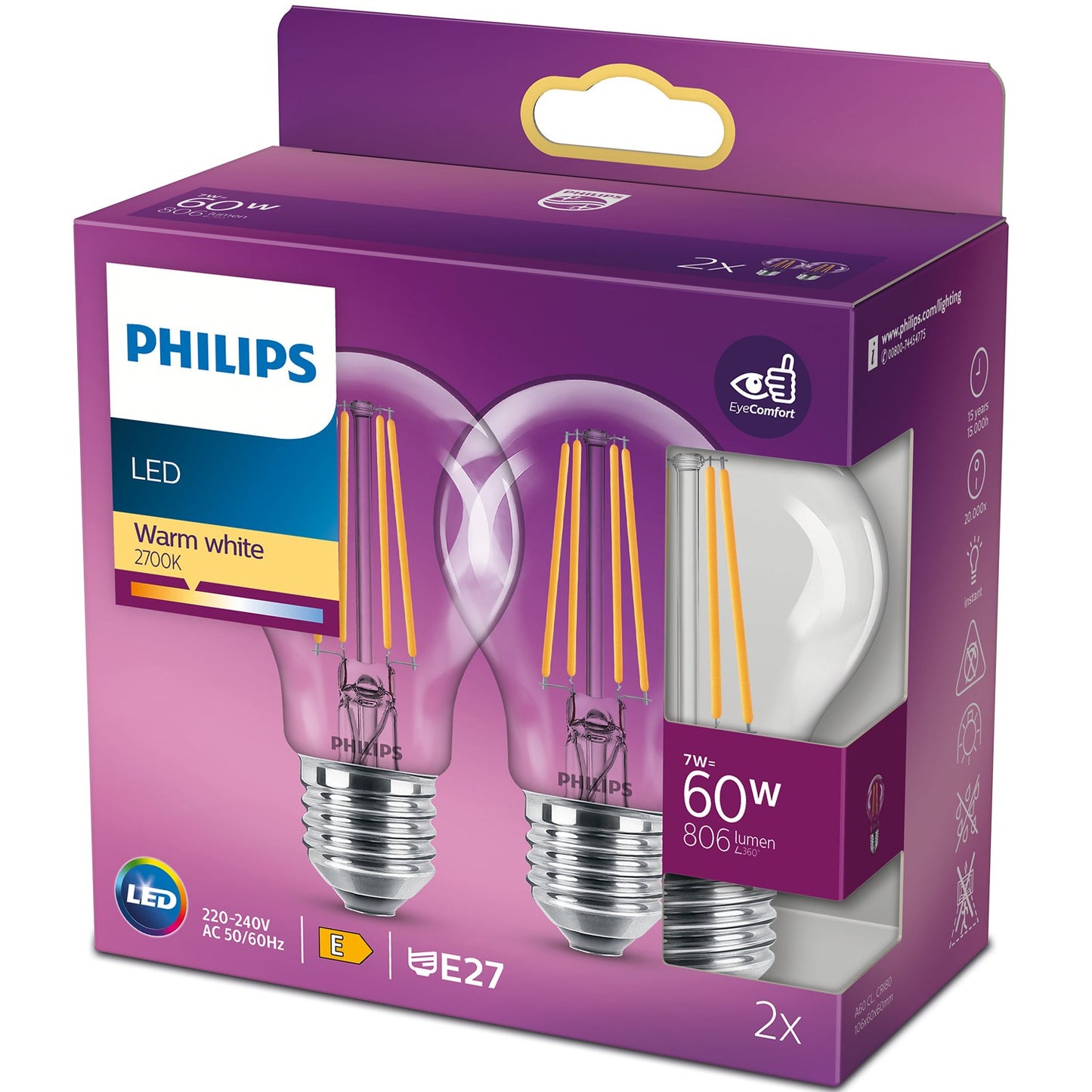 2-pack LED E27 Normal 7W (60W) Clear 806lm